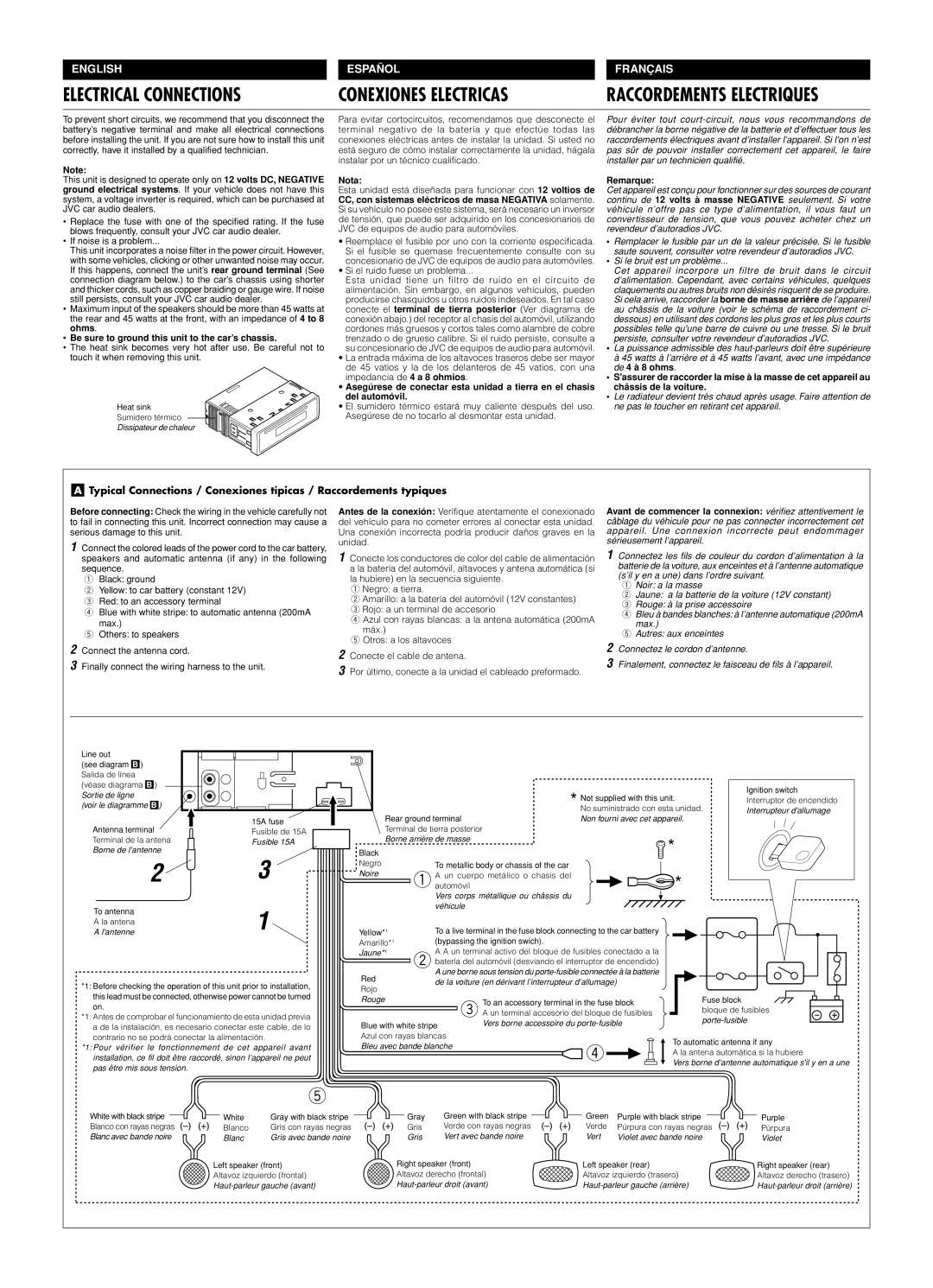 JVC KD-S670 manual Electrical Connections, Conexiones Electricas, English, Español, Nota 
