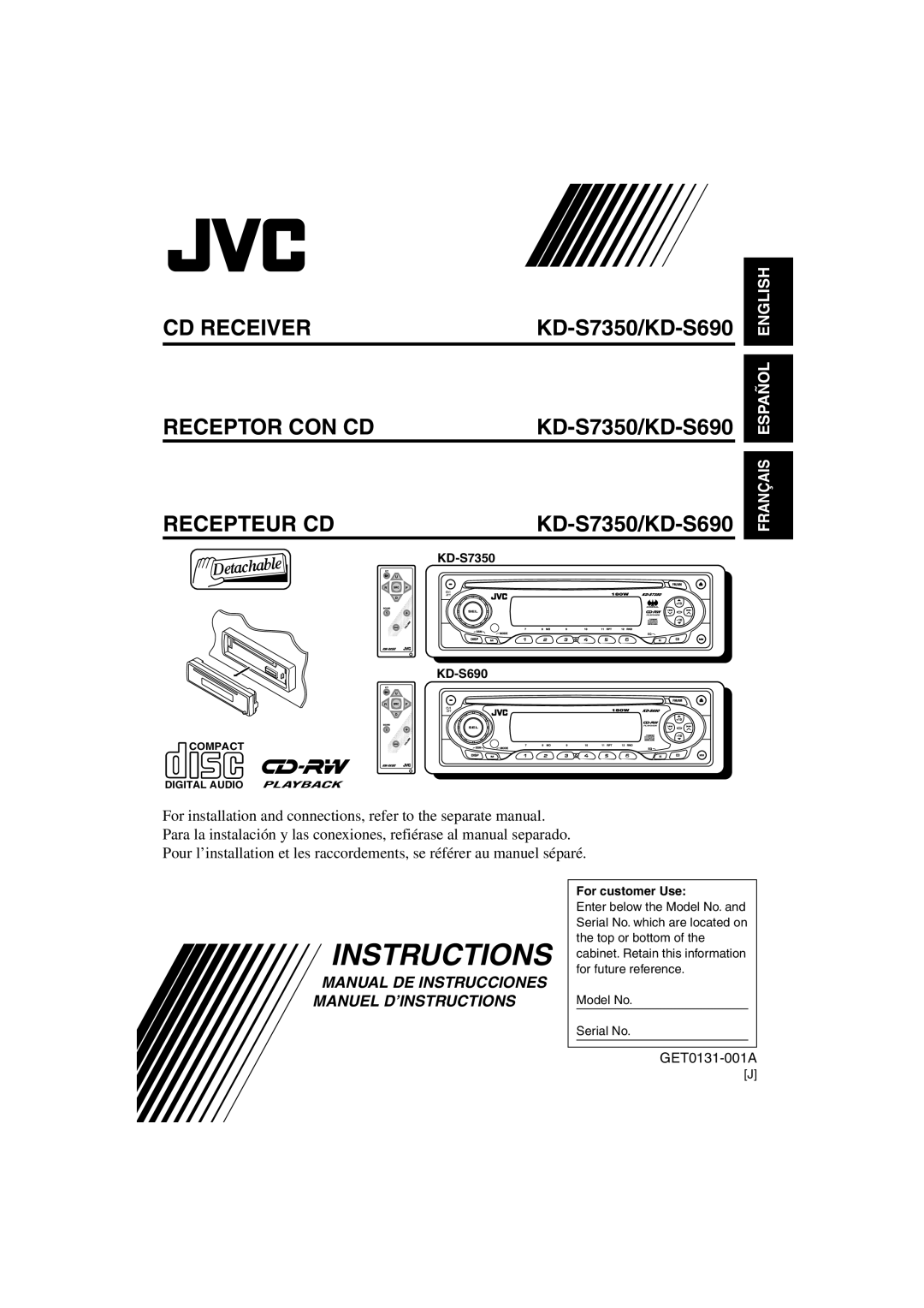 JVC KD-S7350 manual KD-S690, For customer Use 