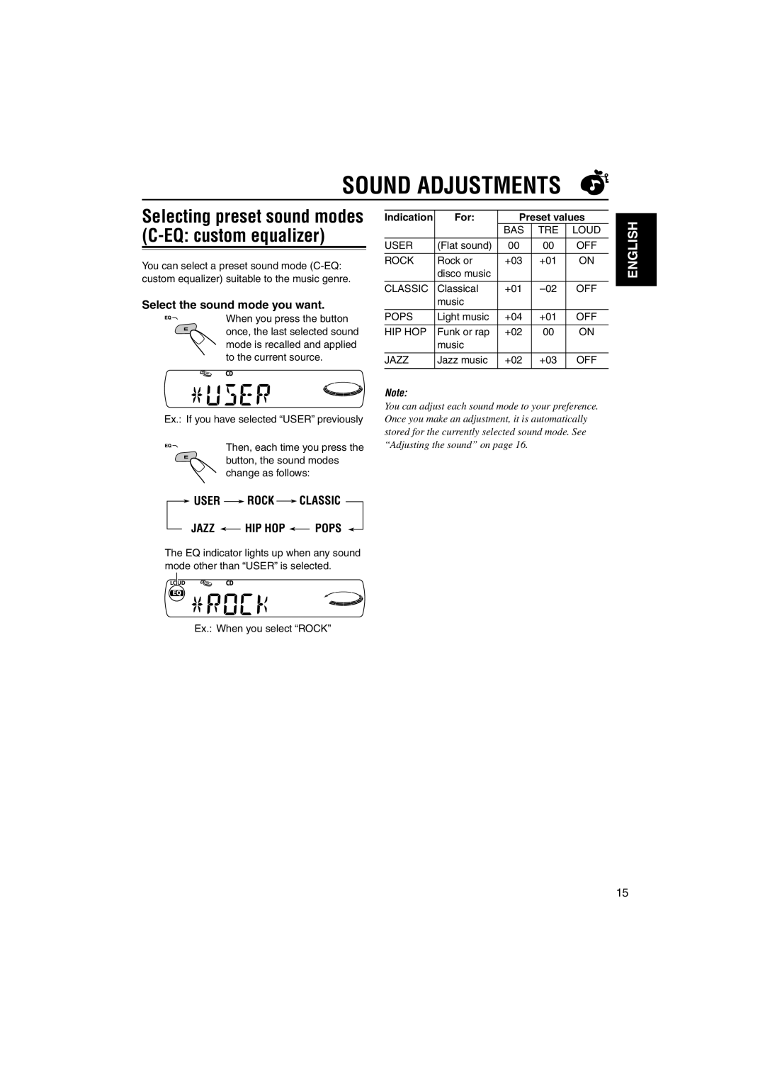 JVC KD-S7350 manual Sound Adjustments, Selecting preset sound modes C-EQ custom equalizer, Select the sound mode you want 