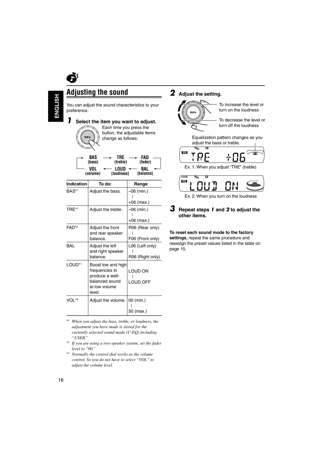 JVC KD-S690, KD-S7350 manual Adjusting the sound, Bas, Vol 