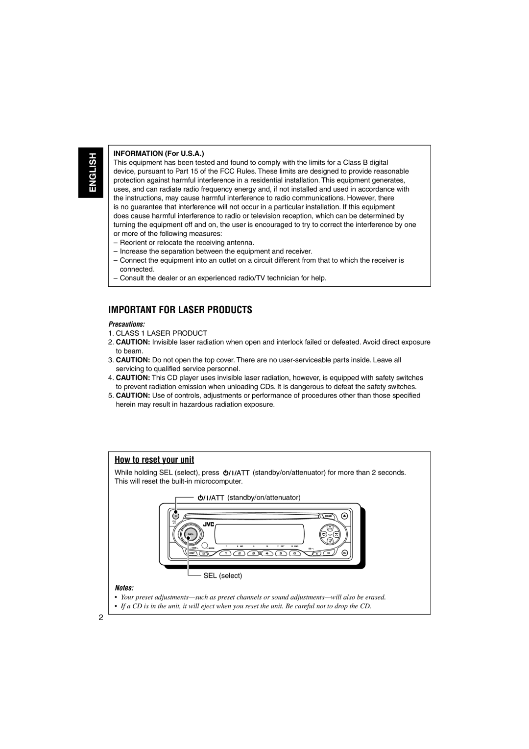 JVC KD-S690, KD-S7350 manual How to reset your unit, Information For U.S.A 