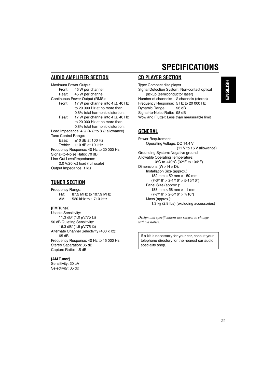 JVC KD-S7350, KD-S690 manual Specifications, FM Tuner, AM Tuner 