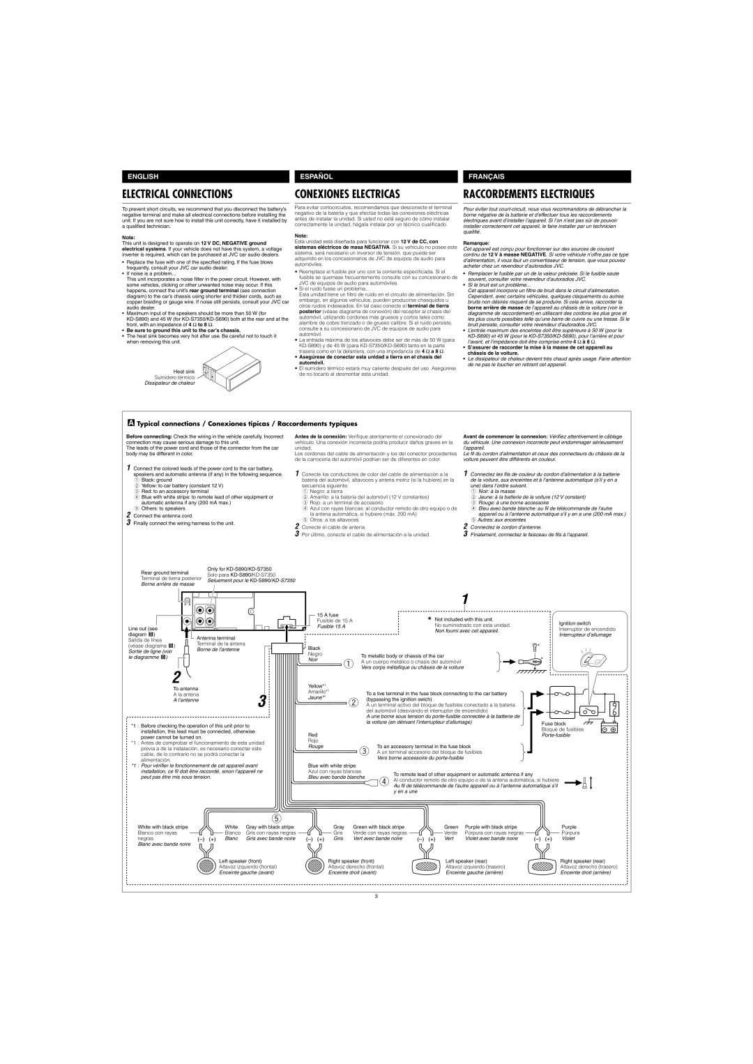 JVC KD-S7350, KD-S690 manual Electrical Connections, Be sure to ground this unit to the car’s chassis 