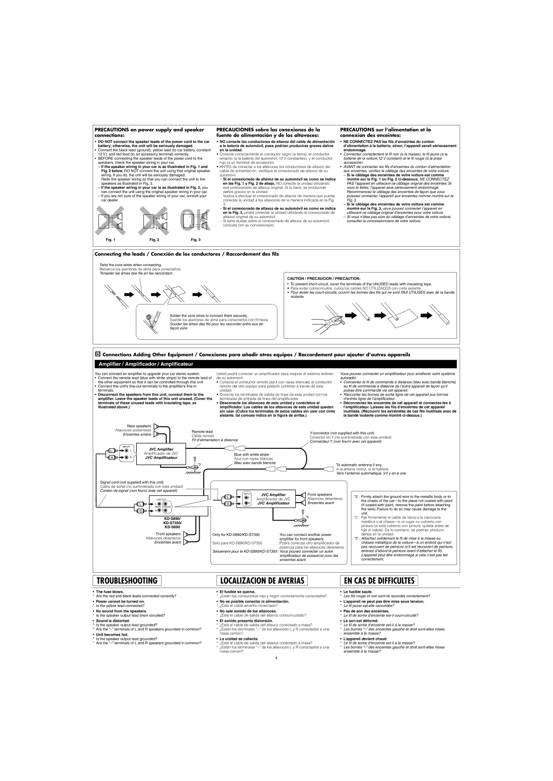 JVC manual KD-S890 KD-S7350 KD-S690, Fuse blows, No sound from the speakers, Sound is distorted, Unit becomes hot 