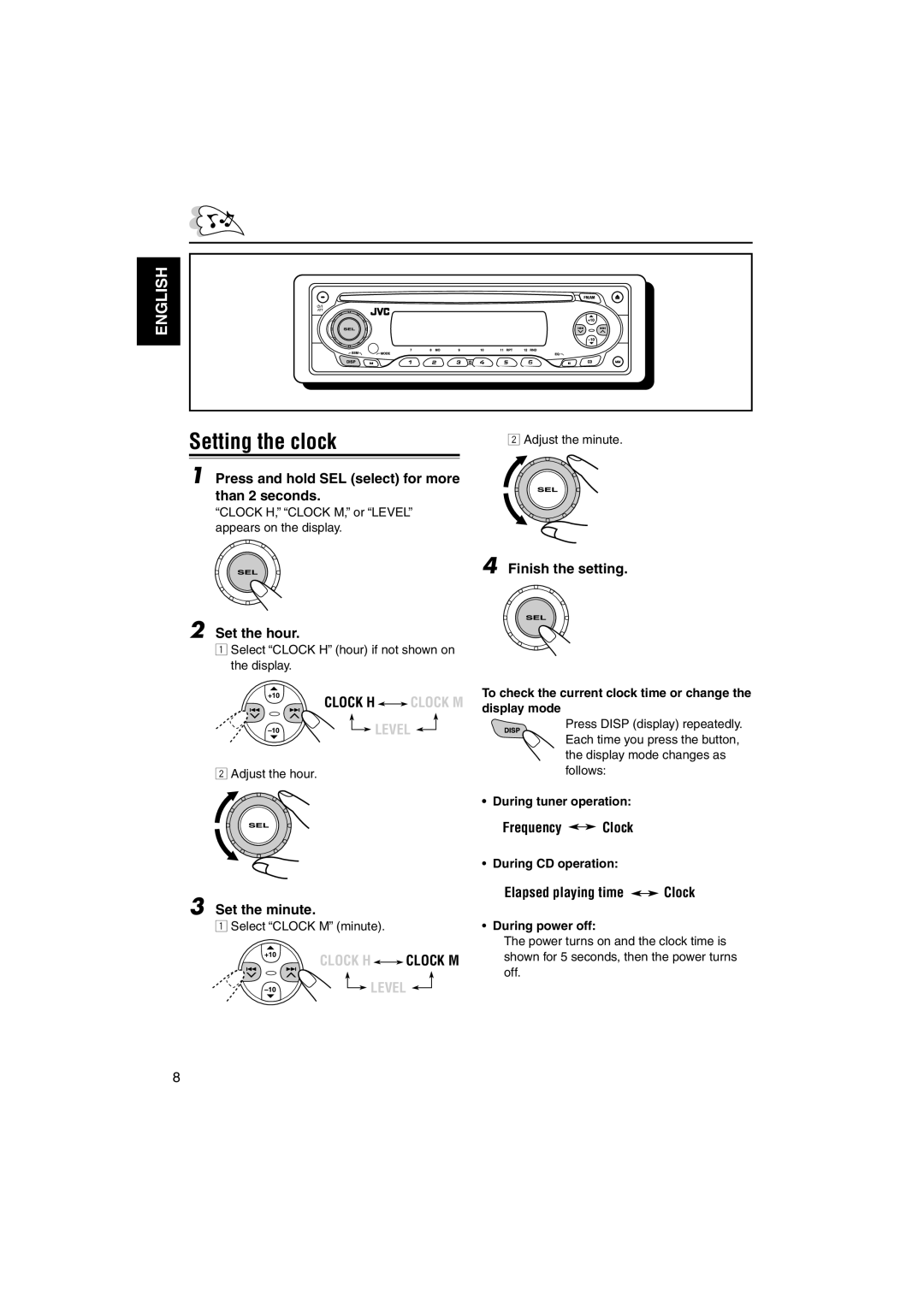 JVC KD-S690, KD-S7350 manual Setting the clock, Clock H Clock M 