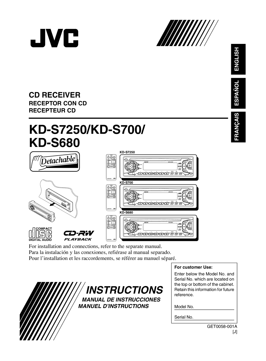 JVC manual KD-S7250/KD-S700 KD-S680, For customer Use 