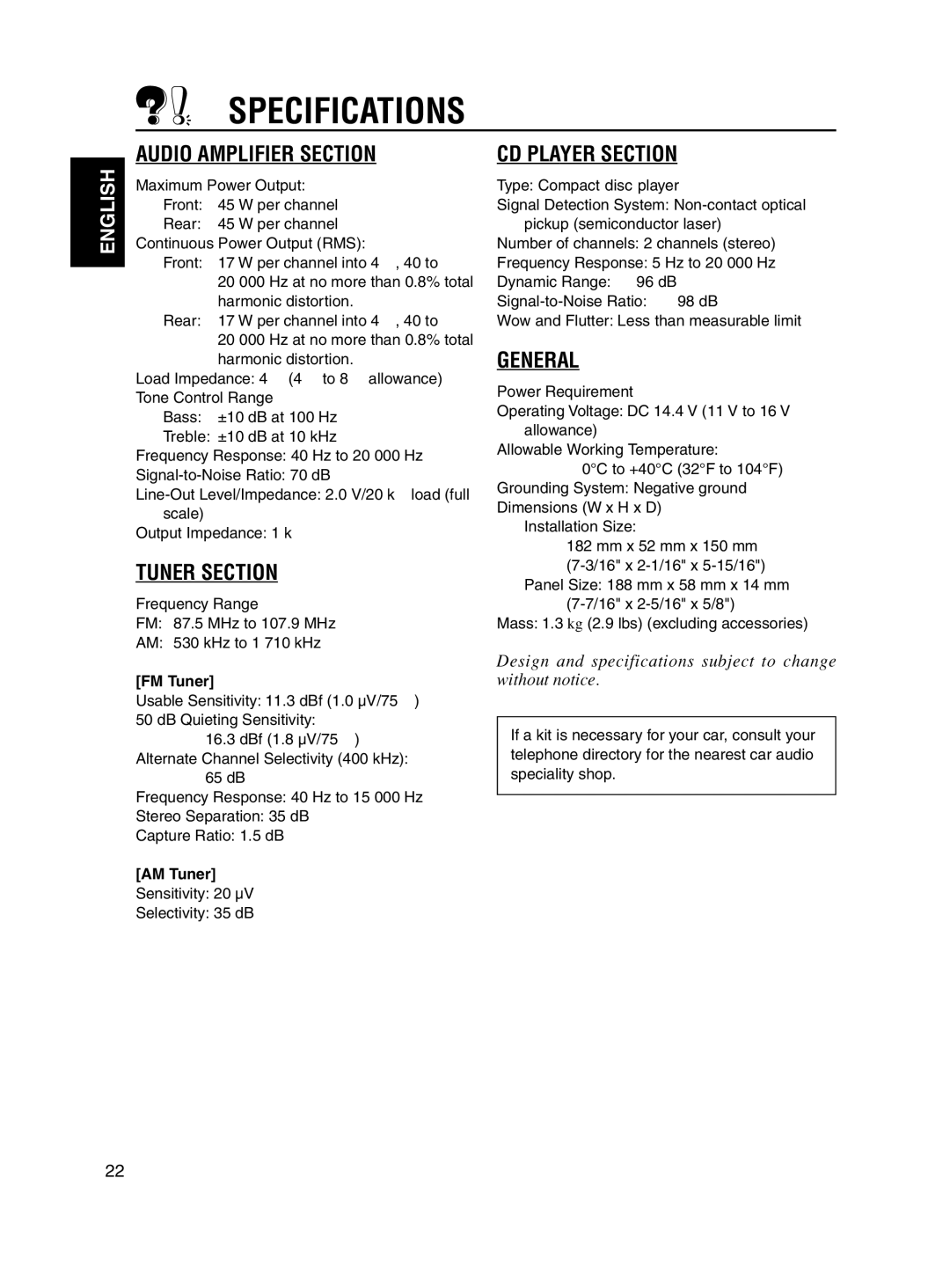 JVC KD-S700, KD-S680 manual Specifications, FM Tuner, AM Tuner 