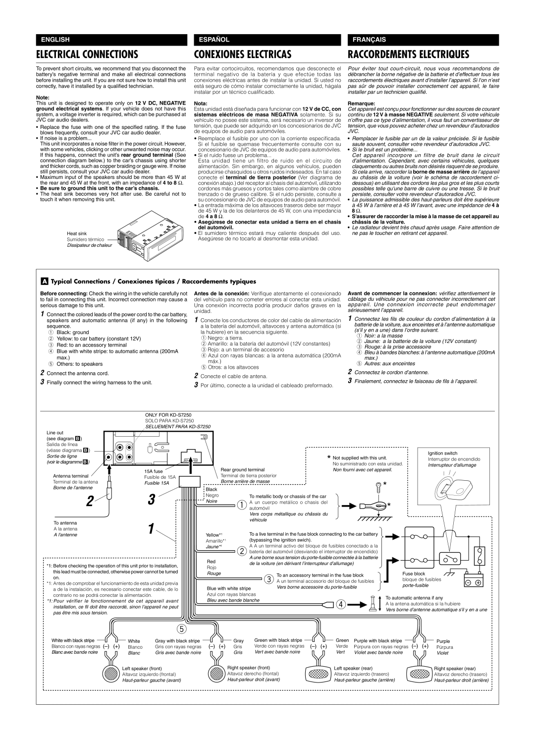 JVC KD-S700, KD-S680 manual Be sure to ground this unit to the car’s chassis, Nota 