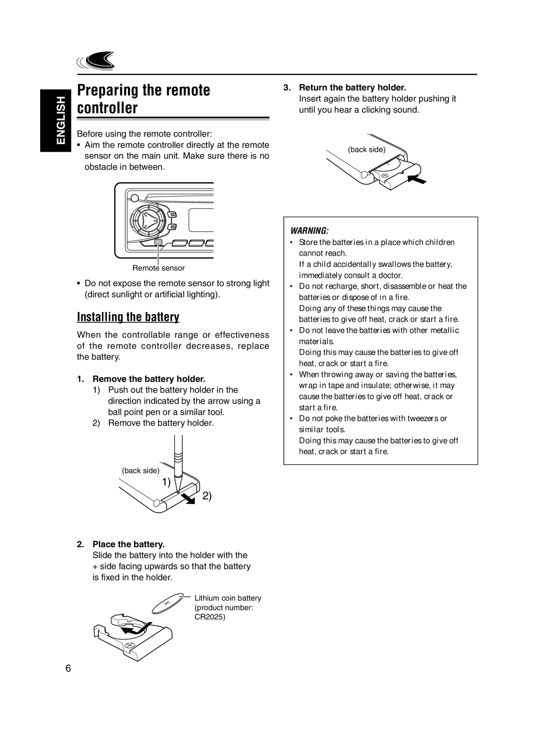 JVC KD-S700, KD-S680 manual Preparing the remote, Controller, Installing the battery 