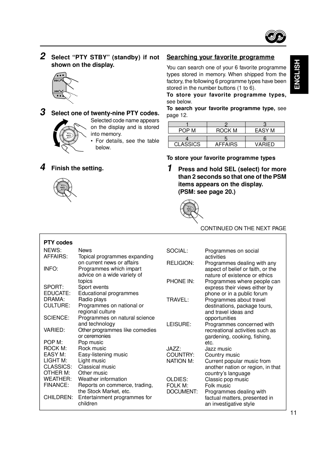 JVC KD-S711R Searching your favorite programme, To store your favorite programme types, PTY codes, Finish the setting 