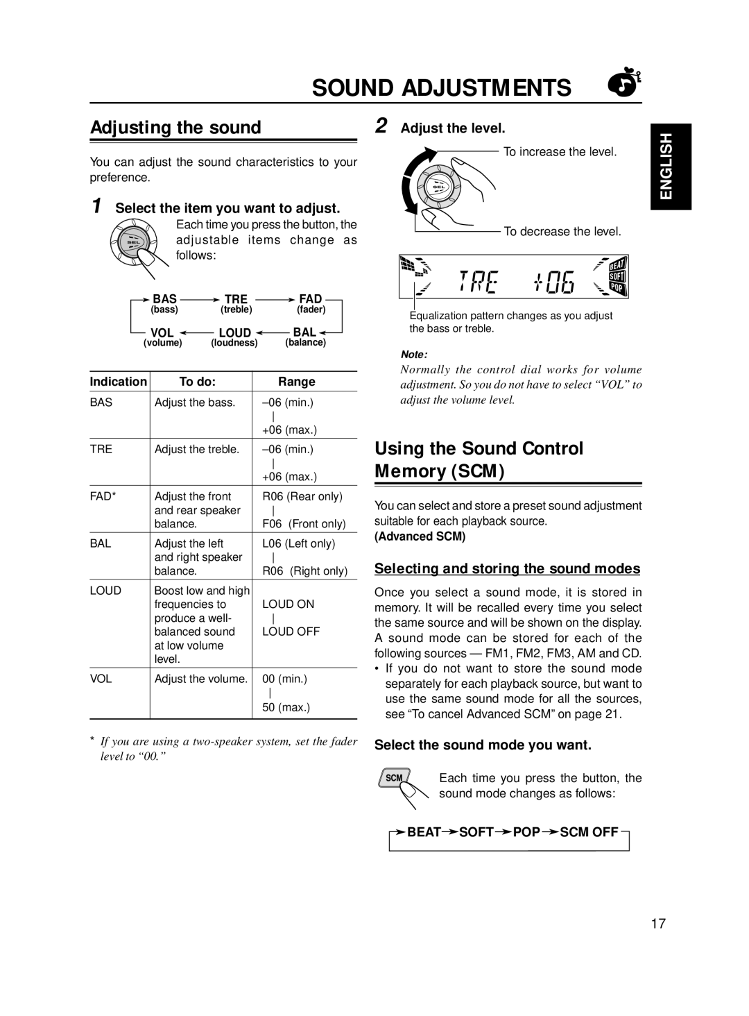 JVC KD-S711R, KD-S713R manual Sound Adjustments, Adjusting the sound, Selecting and storing the sound modes 