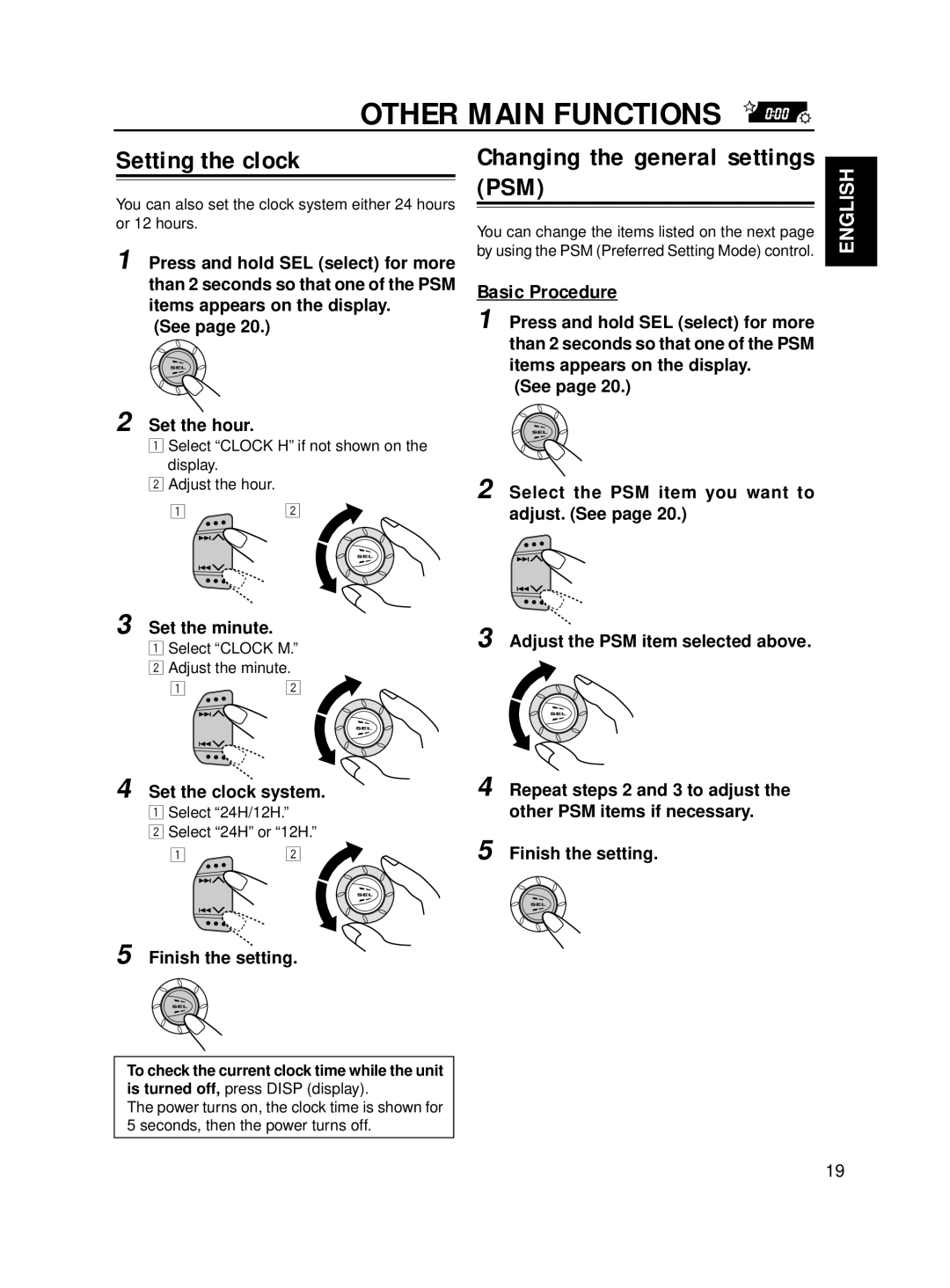 JVC KD-S711R, KD-S713R manual Other Main Functions, Setting the clock, Changing the general settings PSM, Basic Procedure 