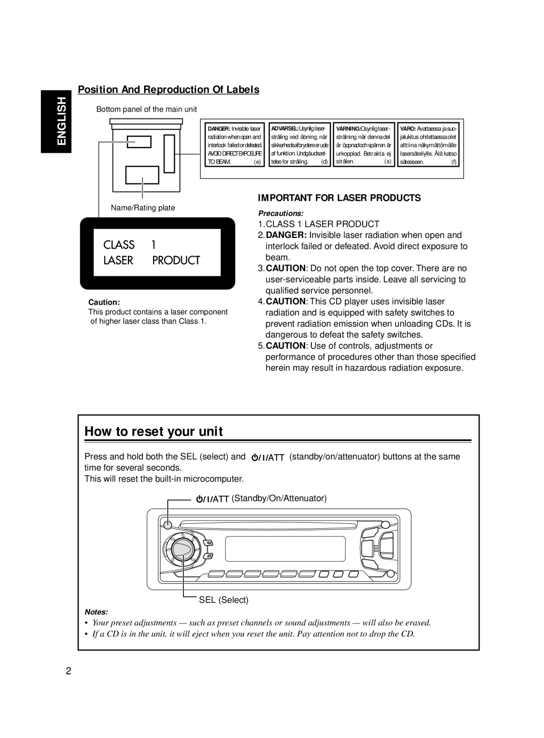 JVC KD-S713R, KD-S711R manual How to reset your unit, Position And Reproduction Of Labels 