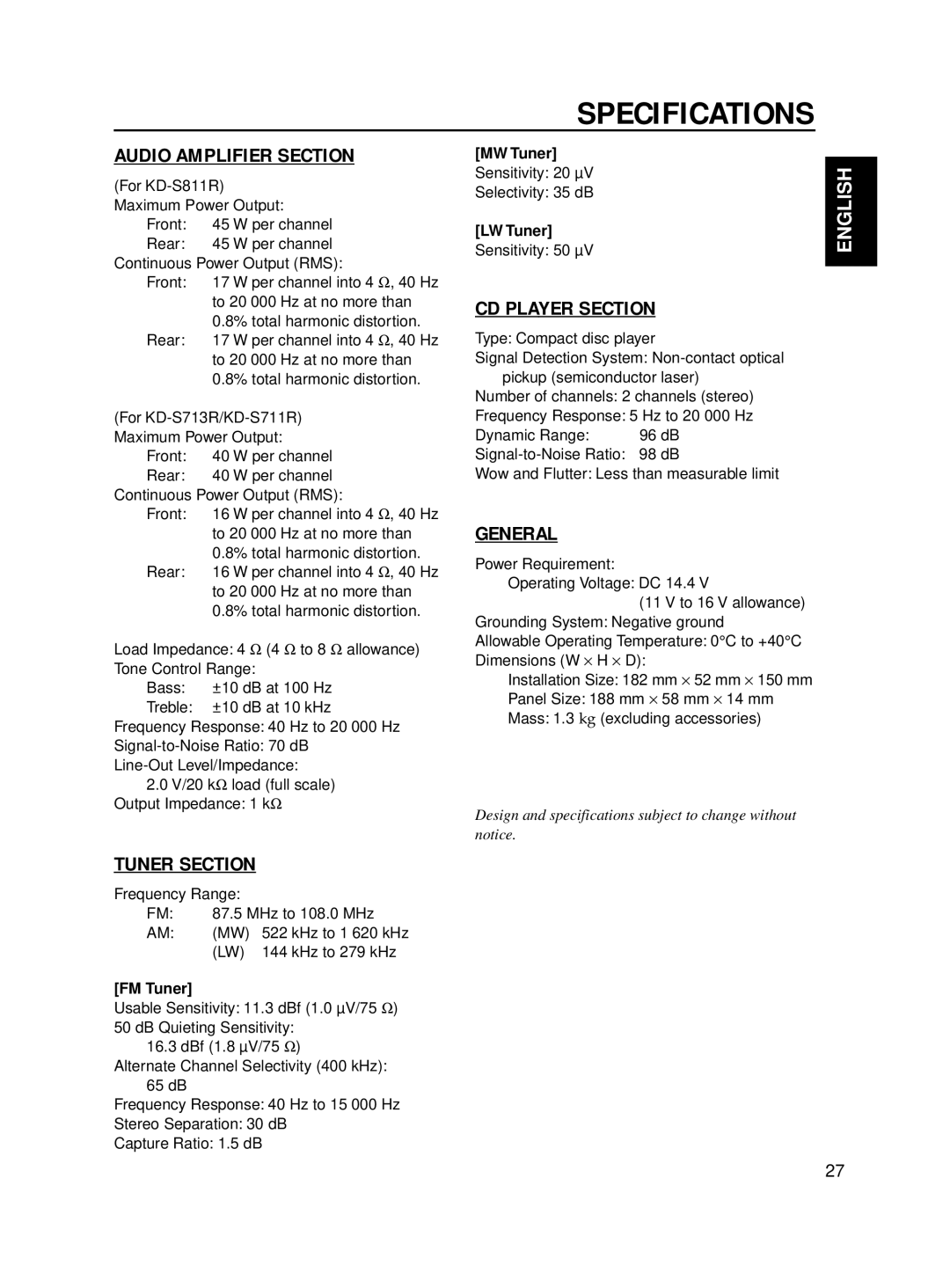 JVC KD-S711R, KD-S713R manual Specifications, MW Tuner, LW Tuner, FM Tuner 