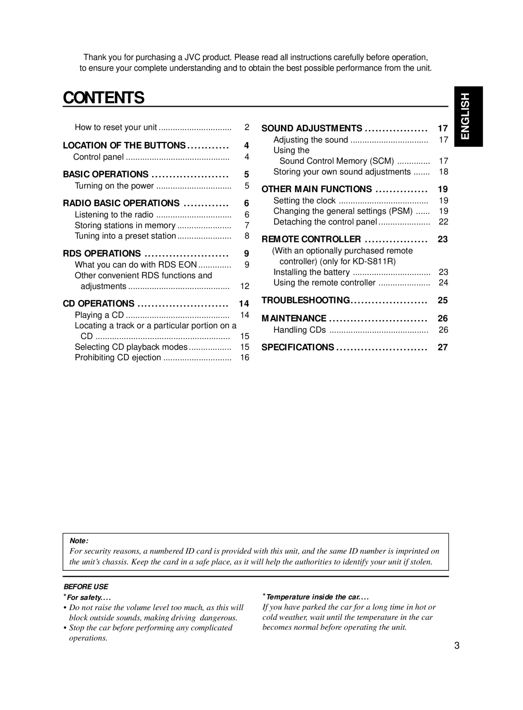 JVC KD-S711R, KD-S713R manual Contents 