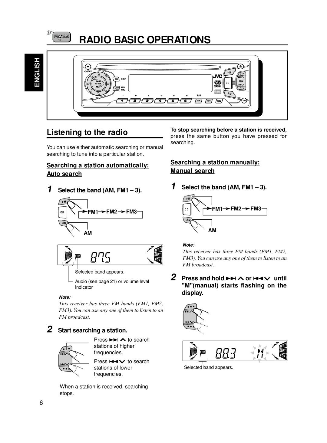 JVC KD-S713R, KD-S711R manual Radio Basic Operations, Listening to the radio, Searching a station automatically Auto search 