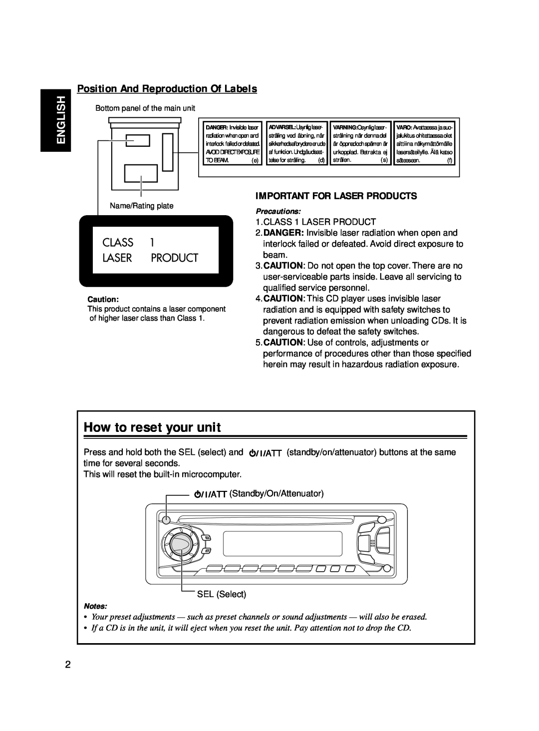 JVC KD-S713R, KD-S711R How to reset your unit, Position And Reproduction Of Labels, English, Important For Laser Products 