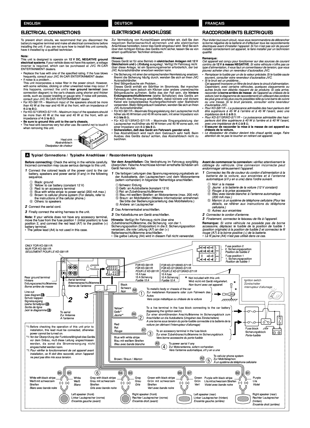 JVC KD-S711R manual Electrical Connections, Elektrische Anschlüsse, Franç Ais, Raccordements Electriques, English, Deutsch 
