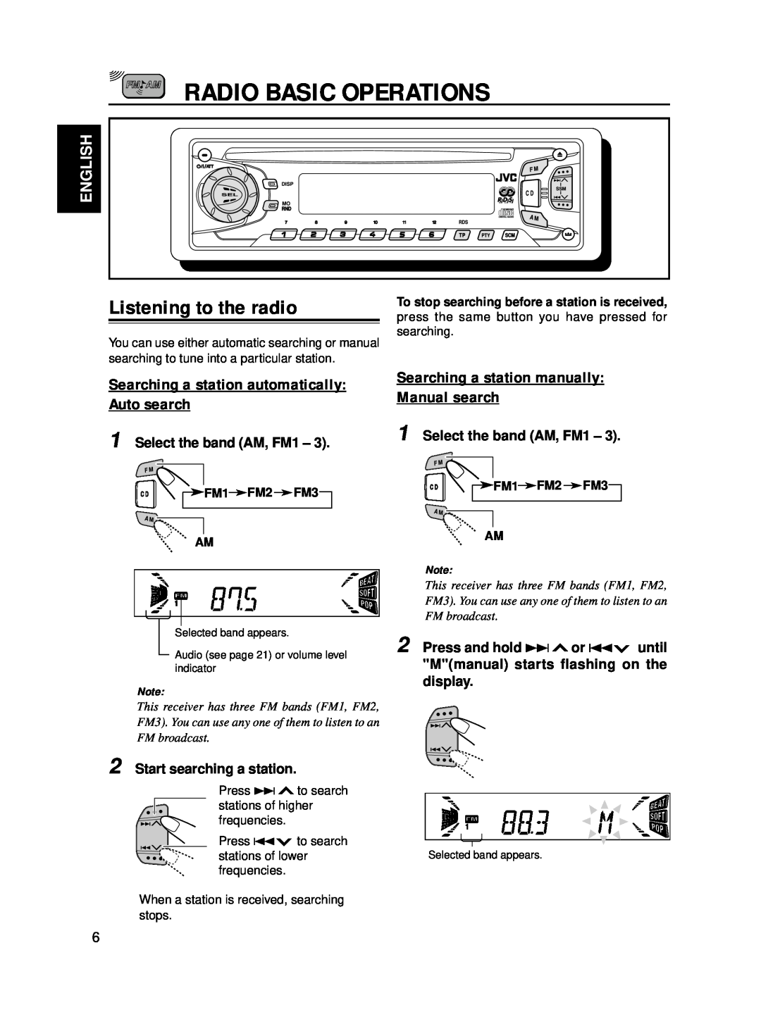 JVC KD-S713R manual Radio Basic Operations, Listening to the radio, Searching a station automatically Auto search, English 