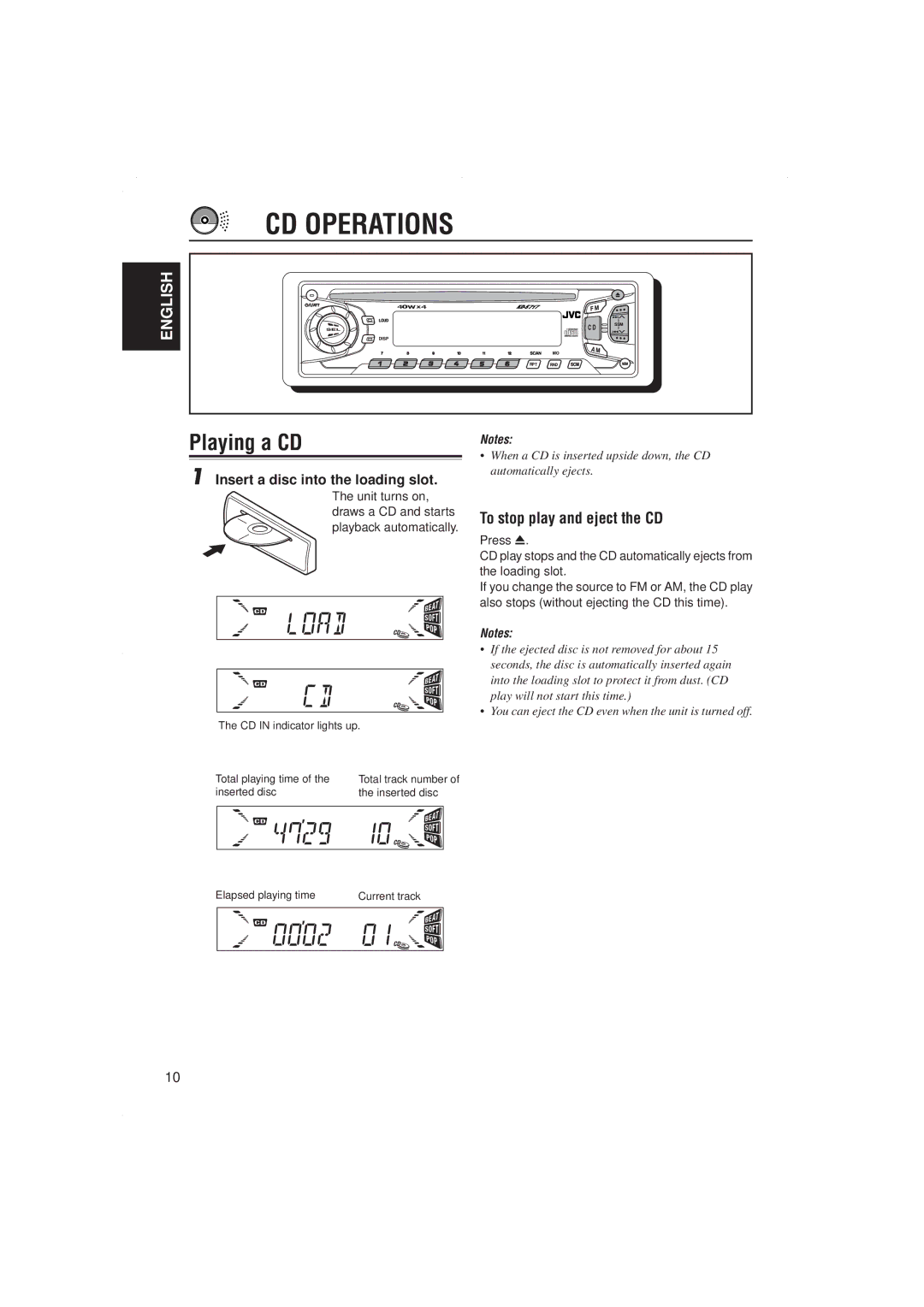 JVC KD-S717 manual CD Operations, Playing a CD, To stop play and eject the CD, Insert a disc into the loading slot 