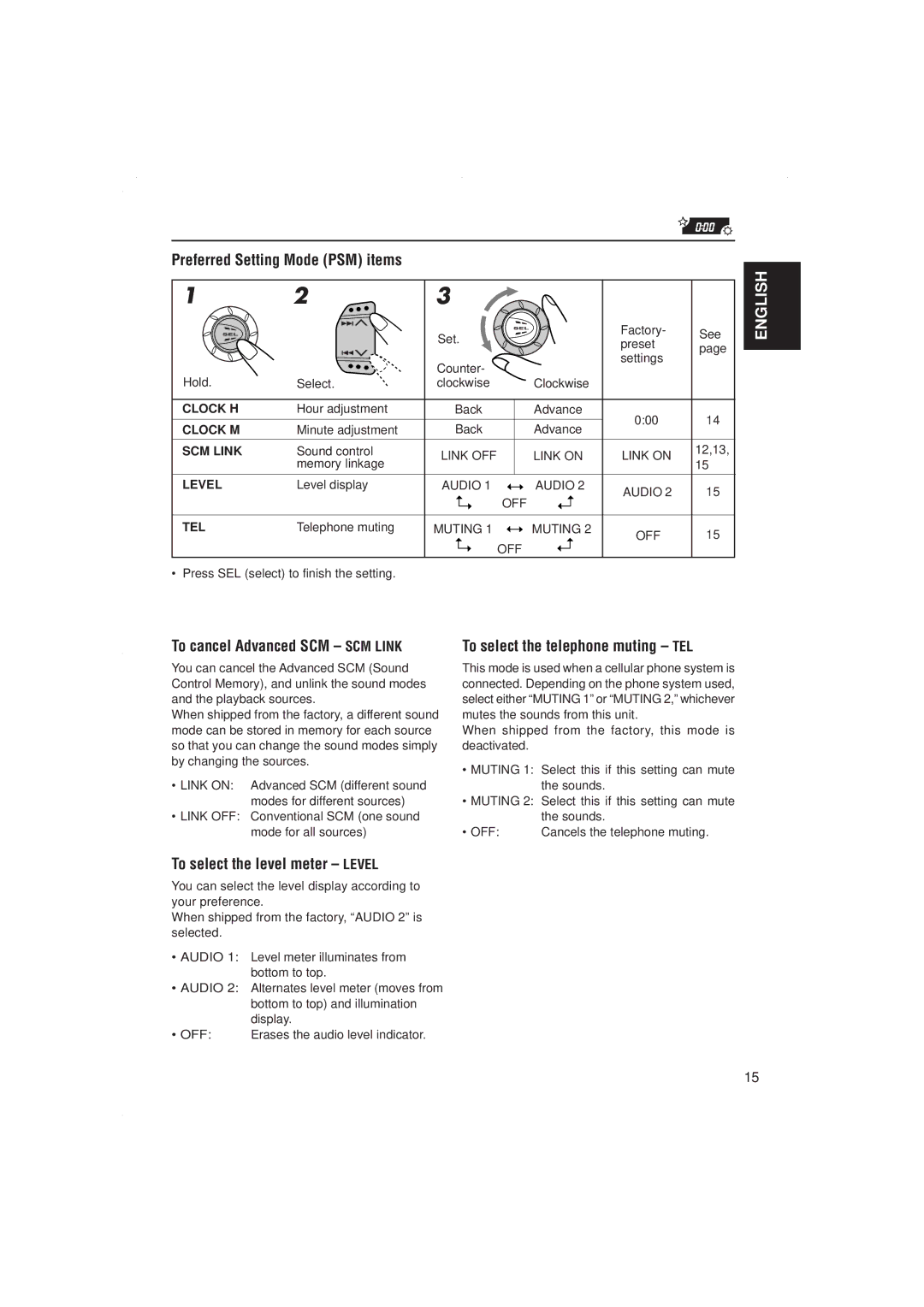 JVC KD-S717 manual Preferred Setting Mode PSM items, To cancel Advanced SCM SCM Link, To select the level meter Level 