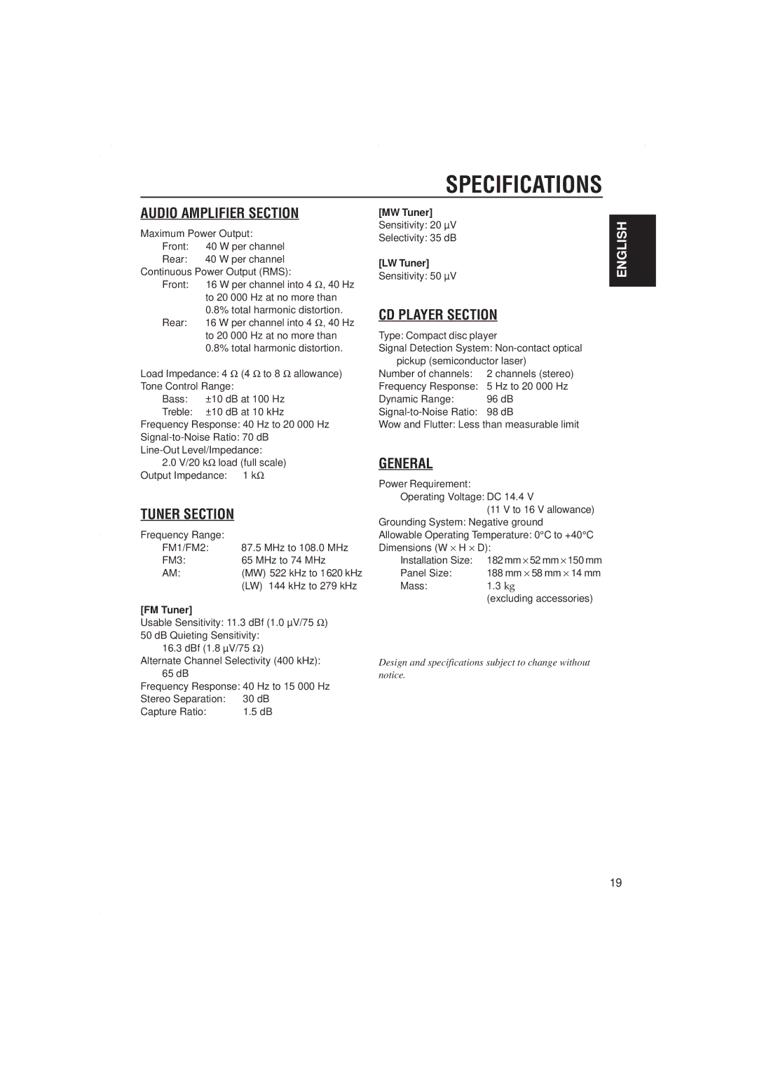 JVC KD-S717 manual Specifications, FM Tuner, MW Tuner, LW Tuner 