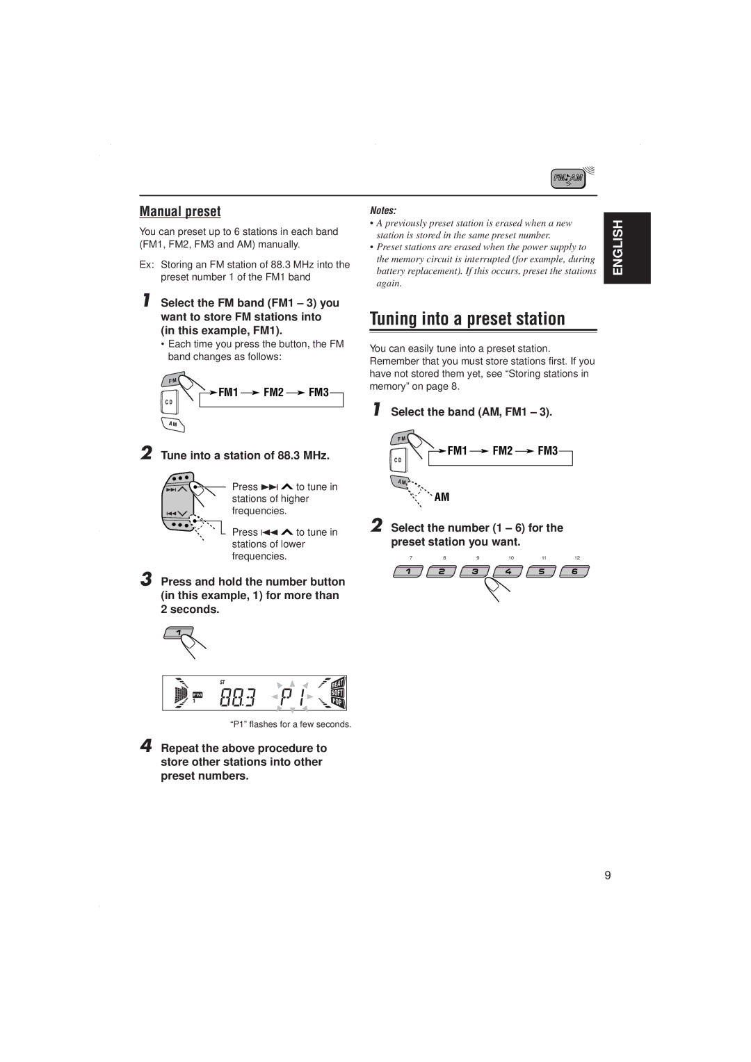 JVC KD-S717 manual Tuning into a preset station, Manual preset, FM1 FM2 FM3 Tune into a station of 88.3 MHz 