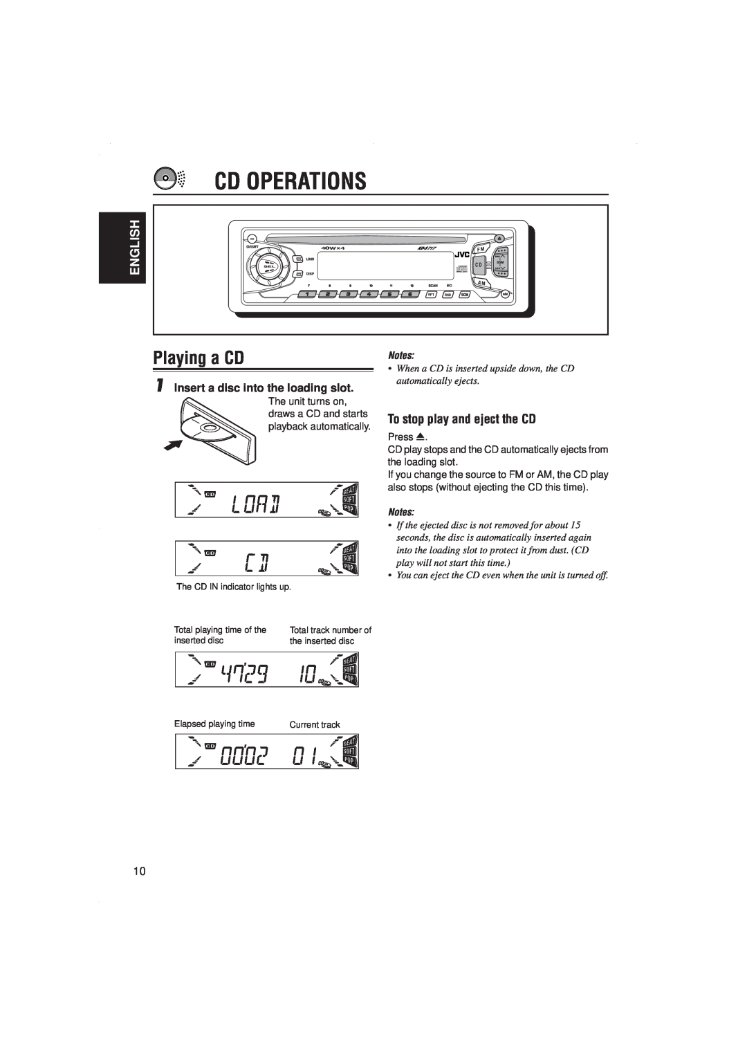 JVC KD-S717 manual Cd Operations, Playing a CD, To stop play and eject the CD, English 