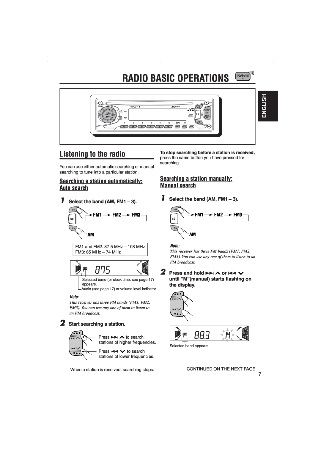 JVC KD-S717 manual Radio Basic Operations, Listening to the radio, Searching a station automatically Auto search, English 