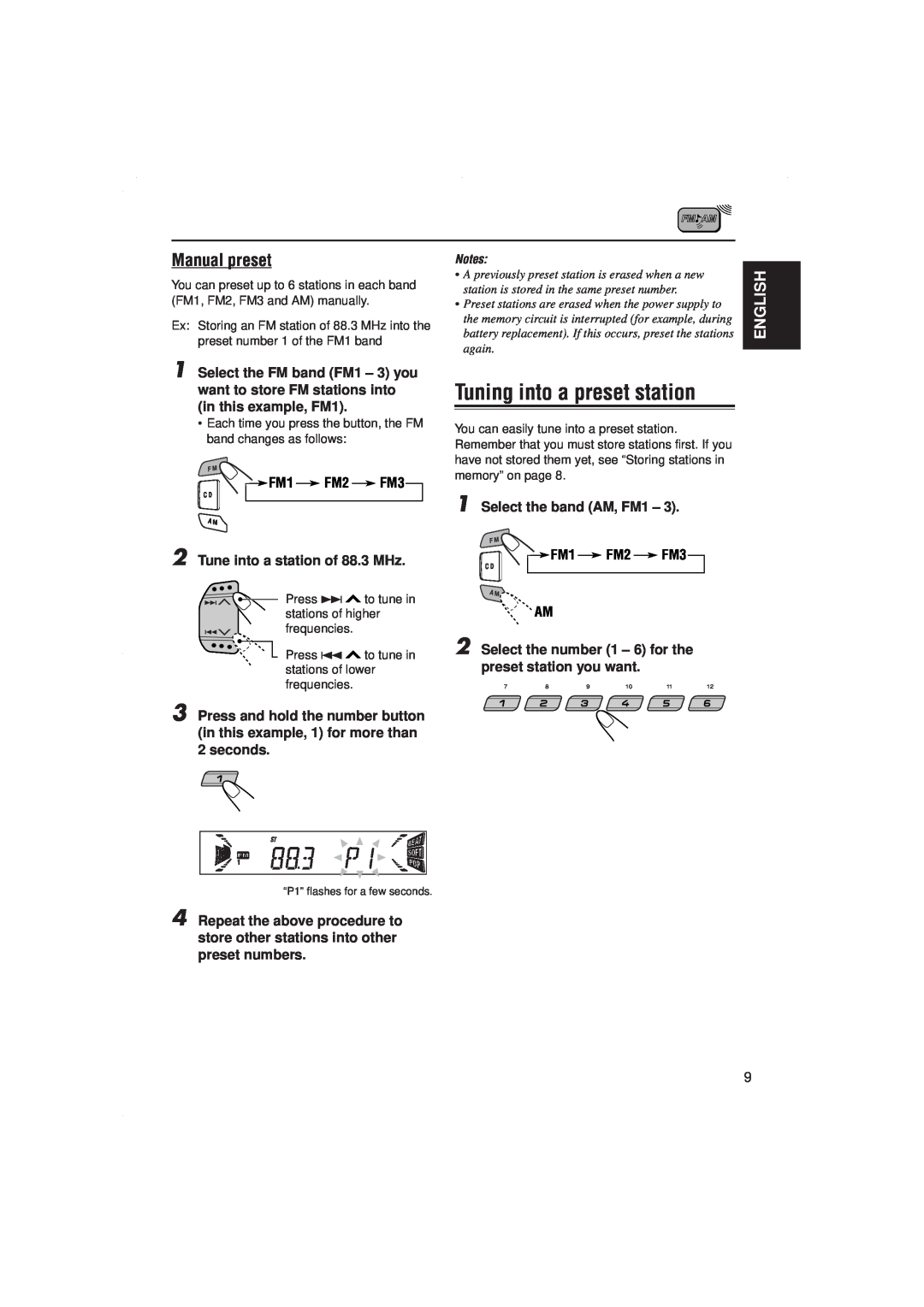 JVC KD-S717 manual Tuning into a preset station, Manual preset, English 