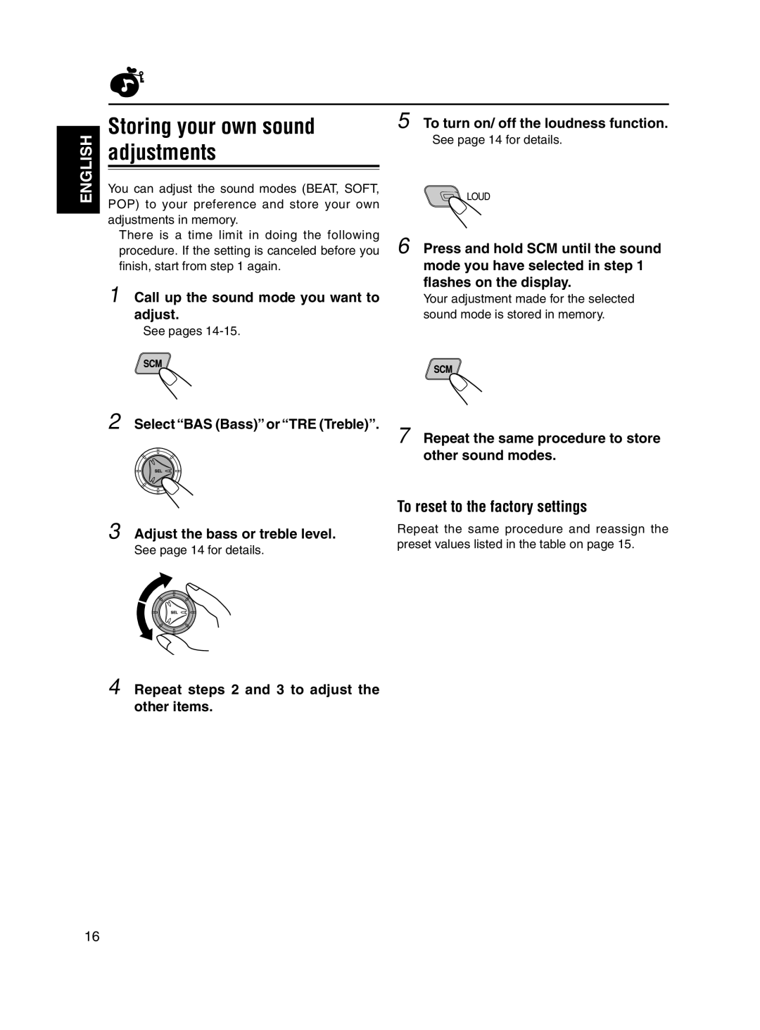 JVC KD-S7250 manual Storing your own sound adjustments, To reset to the factory settings 