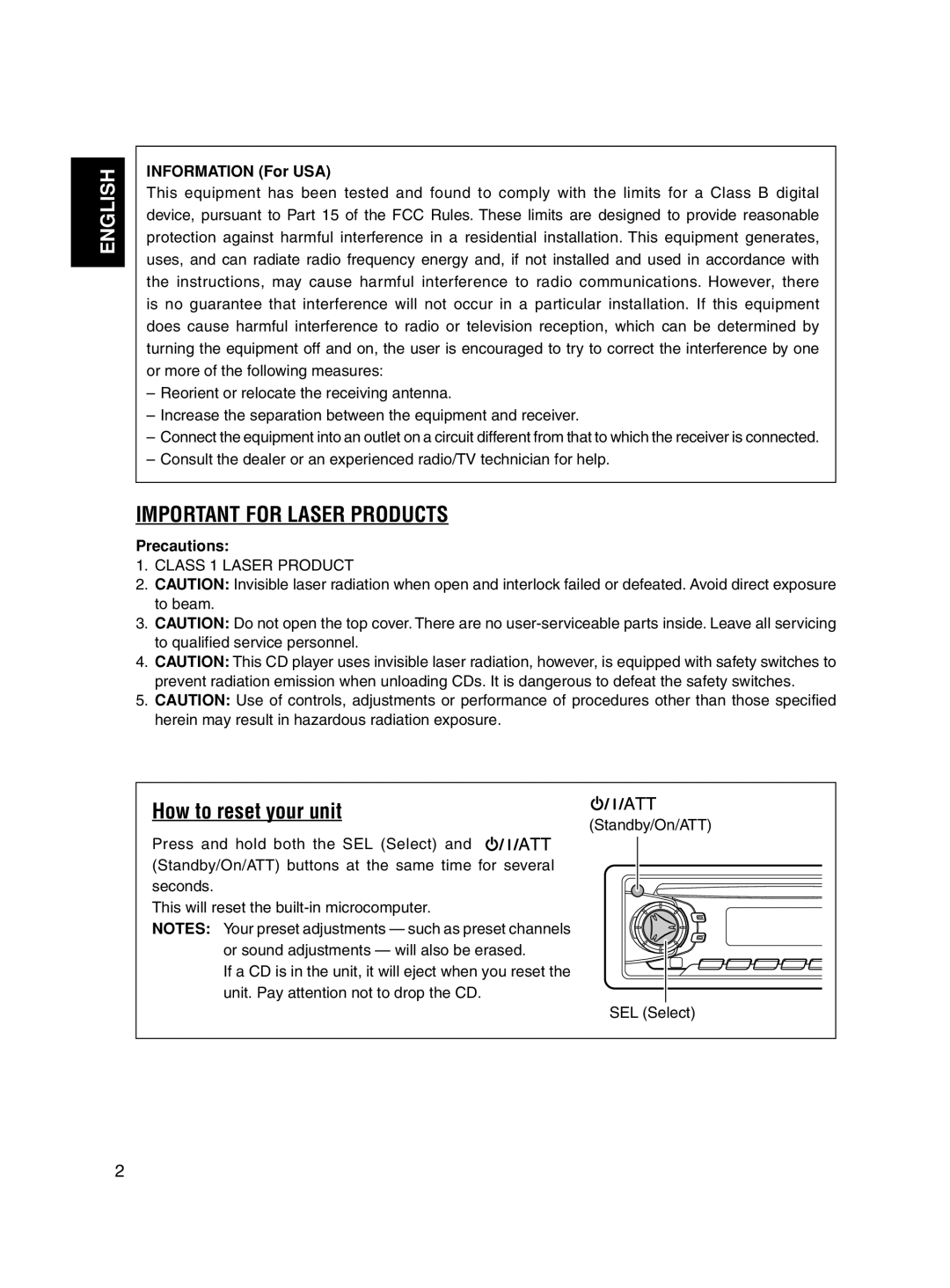 JVC KD-S7250 manual Important For Laser Products, How to reset your unit, English, INFORMATION For USA, Precautions 