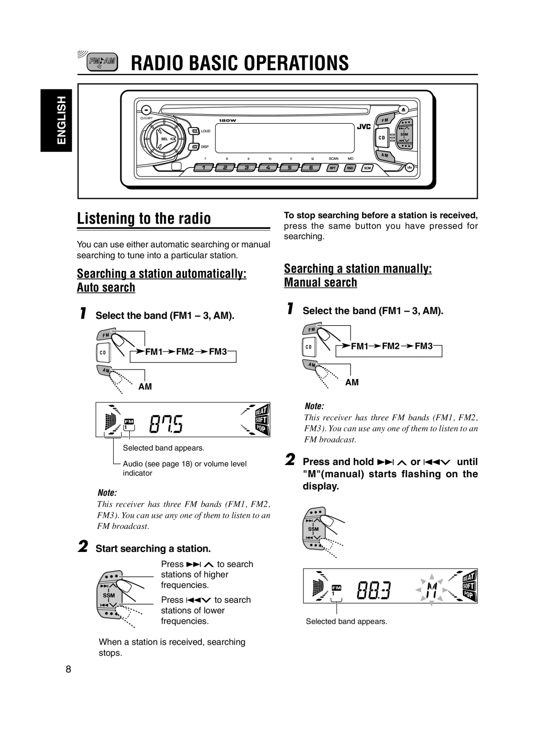 JVC KD-S7250 manual Radio Basic Operations, Listening to the radio, Searching a station automatically Auto search, English 
