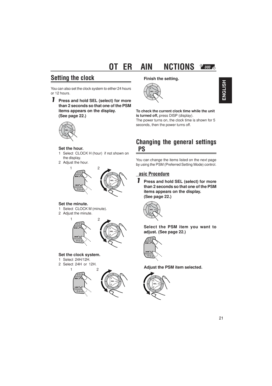 JVC KD-S731R, KD-S733R manual Other Main Functions, Setting the clock, Changing the general settings PSM, Basic Procedure 