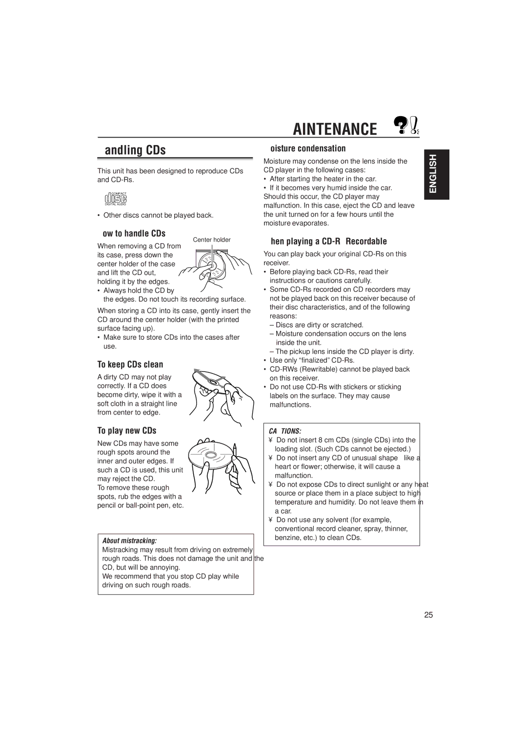 JVC KD-S731R, KD-S733R manual Maintenance, Handling CDs 