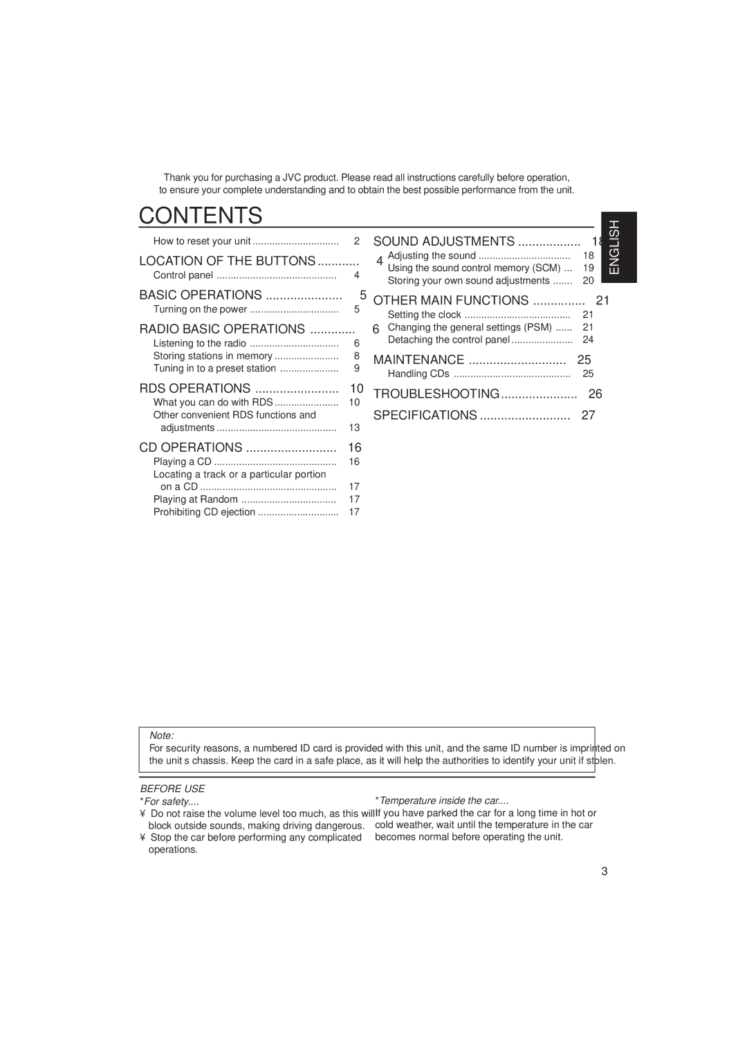 JVC KD-S731R, KD-S733R manual Contents 