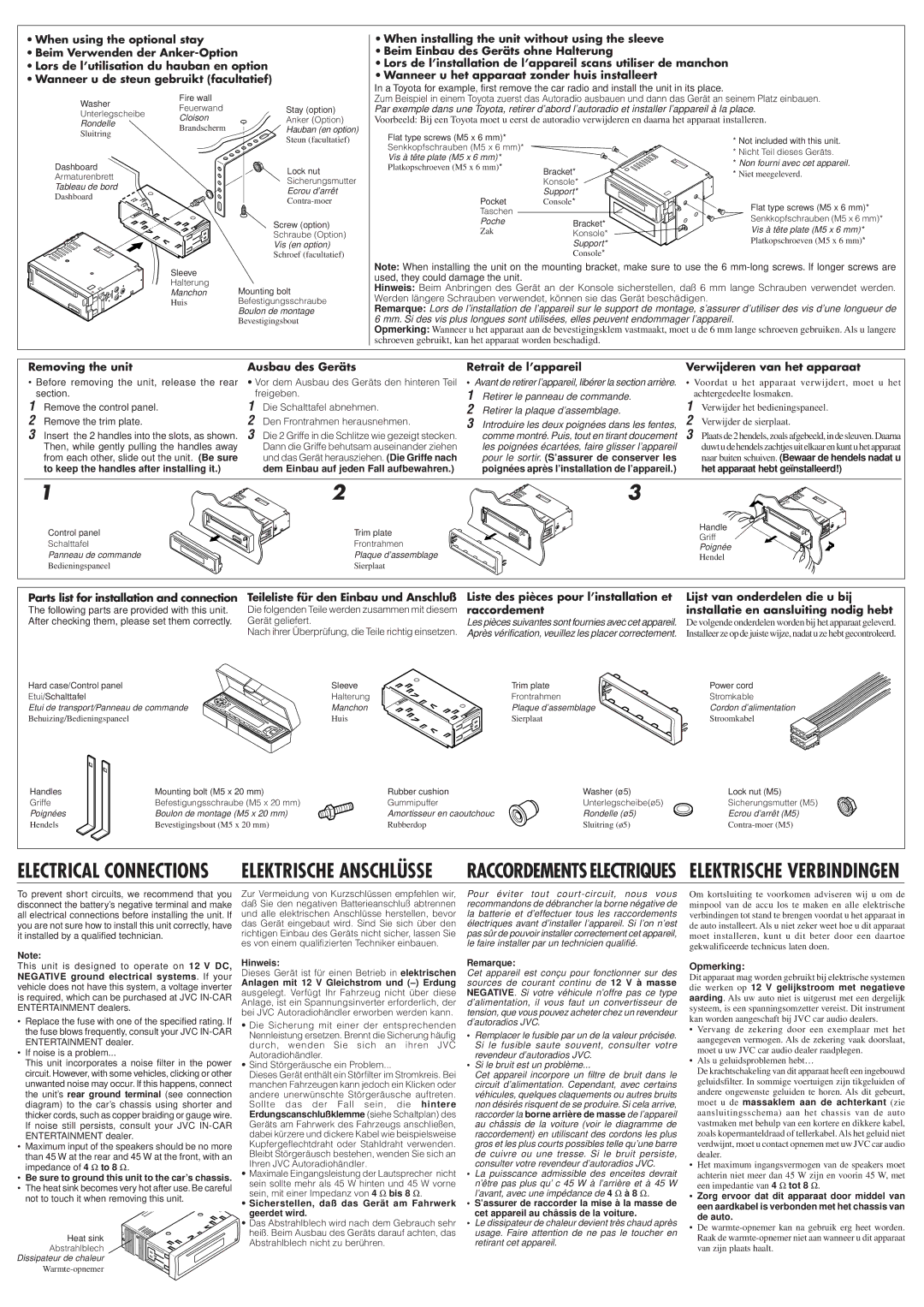 JVC KD-S733R, KD-S731R manual Opmerking, Hinweis, Sicherstellen, daß das Gerät am Fahrwerk geerdet wird, Remarque 