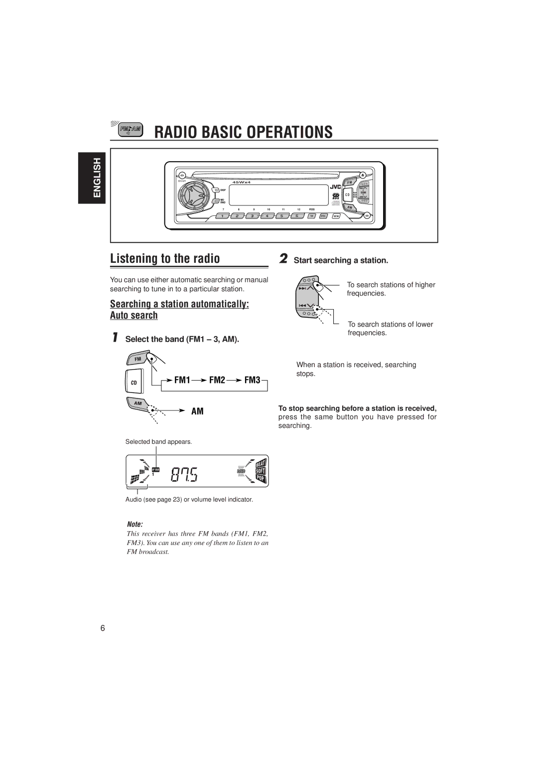 JVC KD-S733R Radio Basic Operations, Listening to the radio, Searching a station automatically Auto search, FM1 FM2 FM3 