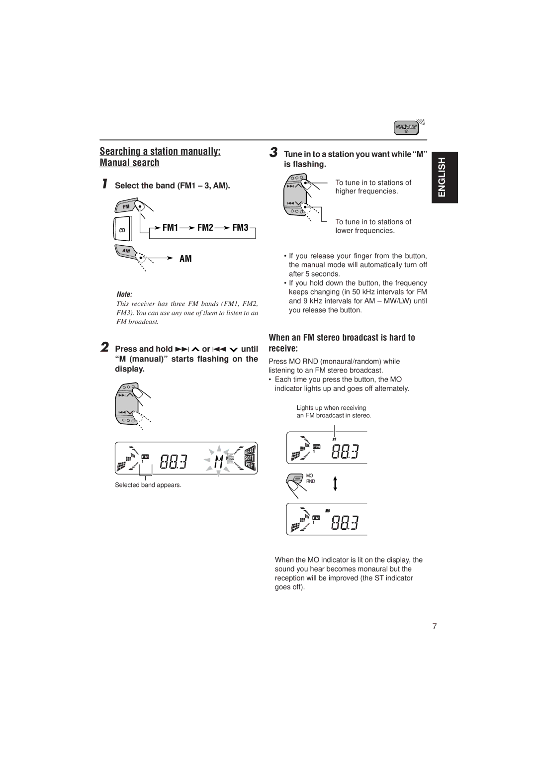 JVC KD-S731R Searching a station manually, Manual search, When an FM stereo broadcast is hard to receive, Is flashing 