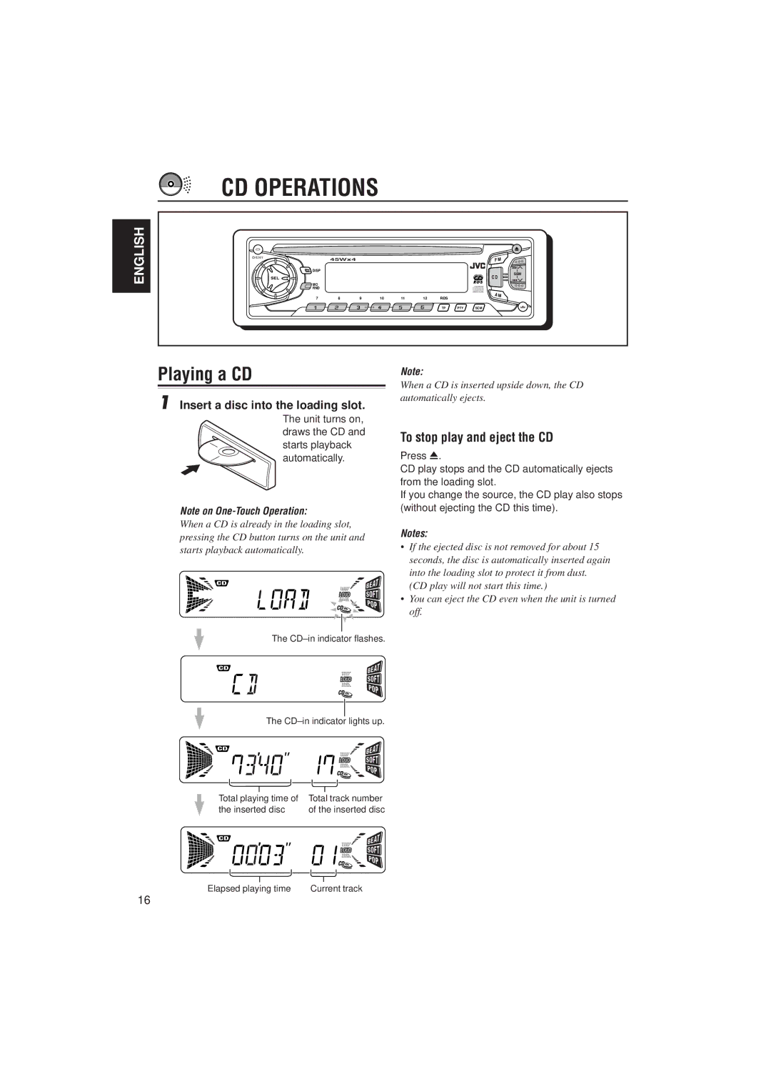 JVC KD-S733R, KD-S731R CD Operations, Playing a CD, To stop play and eject the CD, Insert a disc into the loading slot 