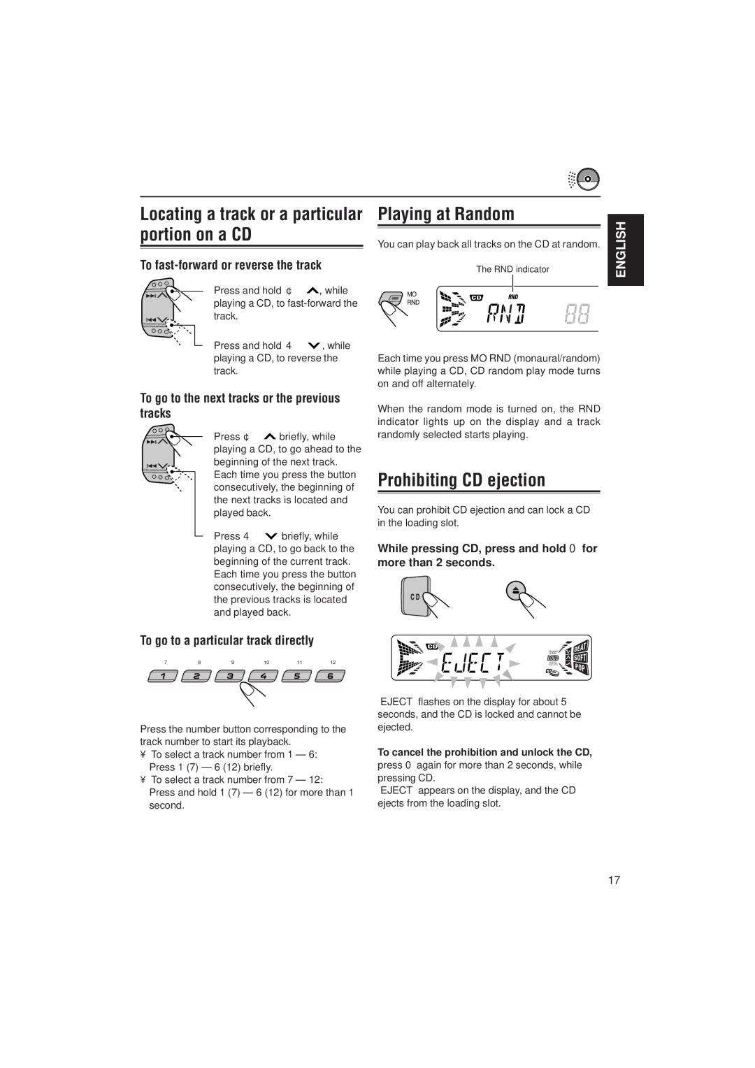 JVC KD-S731R, KD-S733R manual Playing at Random, Prohibiting CD ejection, To fast-forward or reverse the track 