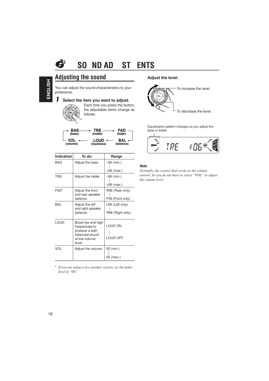 JVC KD-S733R, KD-S731R manual Sound Adjustments, Adjusting the sound, Adjust the level, Select the item you want to adjust 