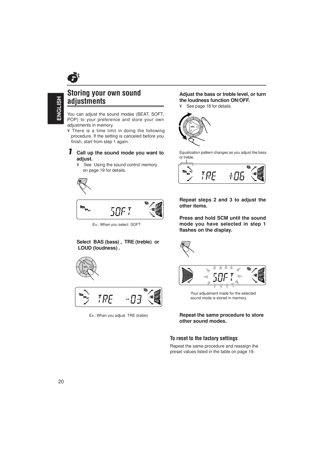 JVC KD-S733R, KD-S731R manual Storing your own sound adjustments, To reset to the factory settings 