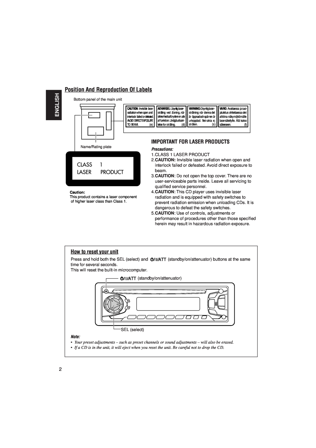 JVC KD-S733R, KD-S731R Position And Reproduction Of Labels, English, Important For Laser Products, How to reset your unit 