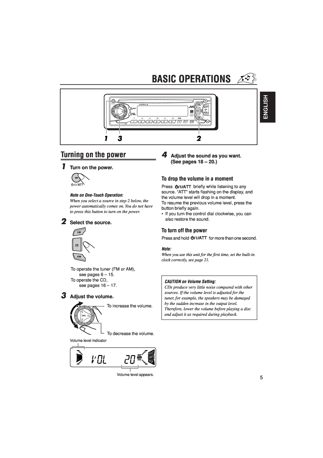 JVC KD-S731R manual Basic Operations, Turning on the power, To drop the volume in a moment, To turn off the power, English 