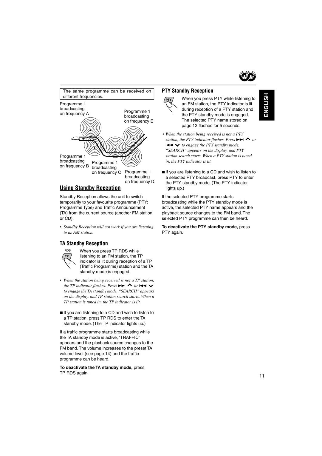 JVC KD-S735R manual Using Standby Reception, TA Standby Reception, PTY Standby Reception 