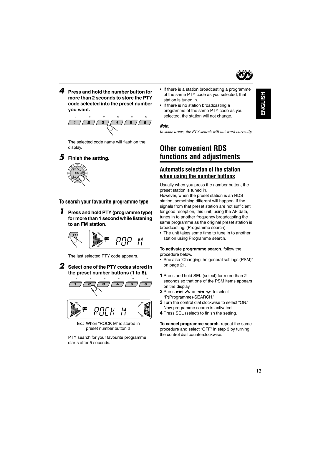 JVC KD-S735R manual Selected code name will flash on Display, Last selected PTY code appears, Control dial counterclockwise 