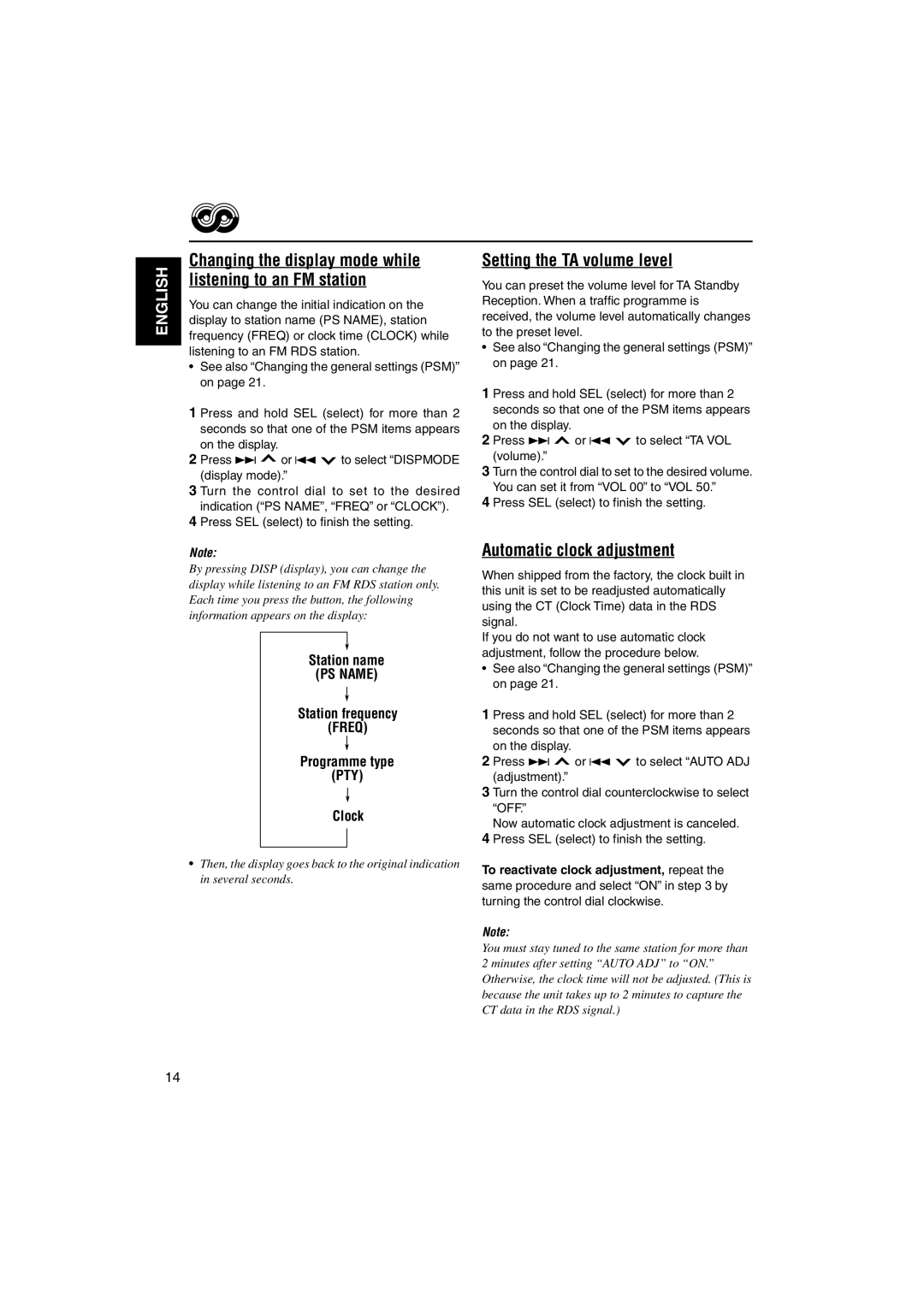 JVC KD-S735R manual Setting the TA volume level, Automatic clock adjustment 