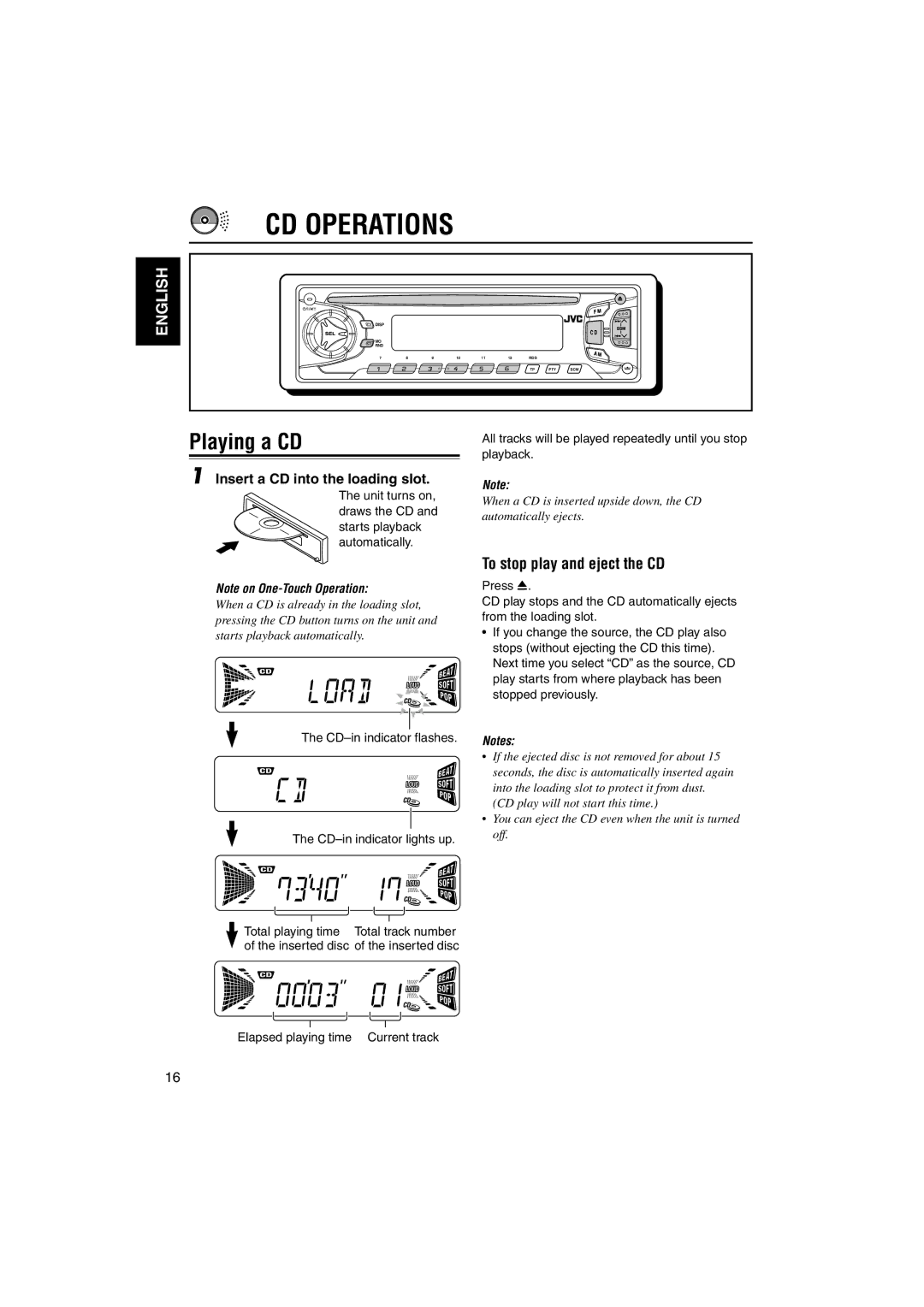 JVC KD-S735R manual CD Operations, Playing a CD, To stop play and eject the CD, Insert a CD into the loading slot 