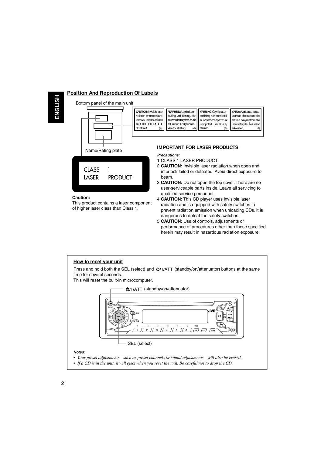 JVC KD-S735R Position And Reproduction Of Labels, How to reset your unit, Bottom panel of the main unit, Name/Rating plate 